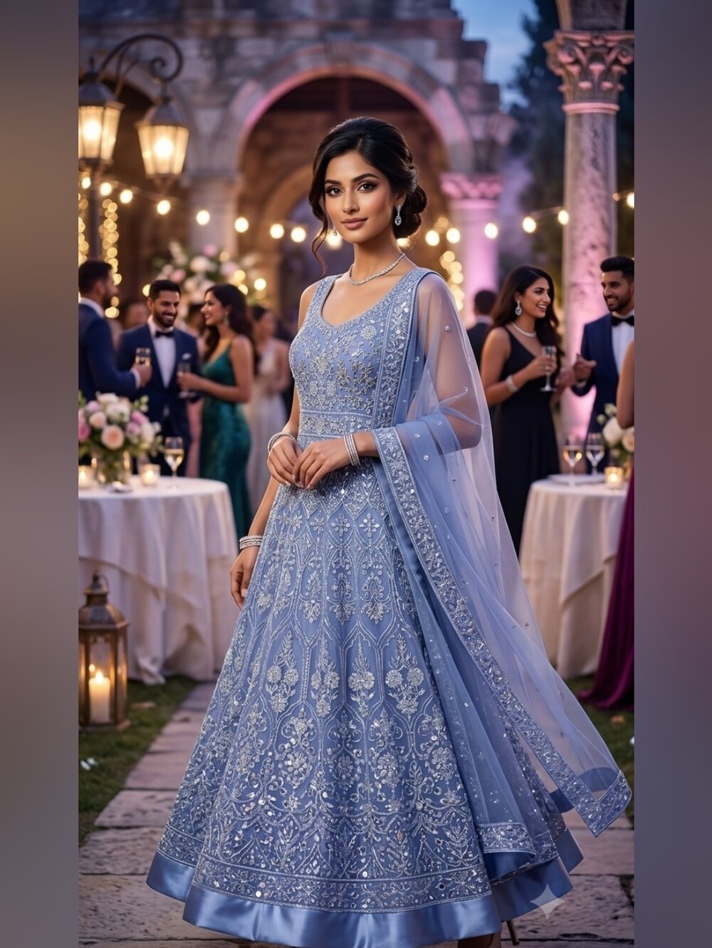 Stunning Luxe Periwinkle Sparkly Mirrored Anarkali Gown & Dupatta Set